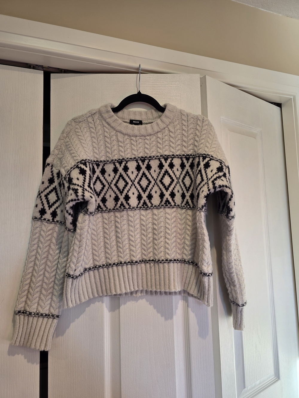 Cream Cable-Knit Sweater with Black Fair Isle Band